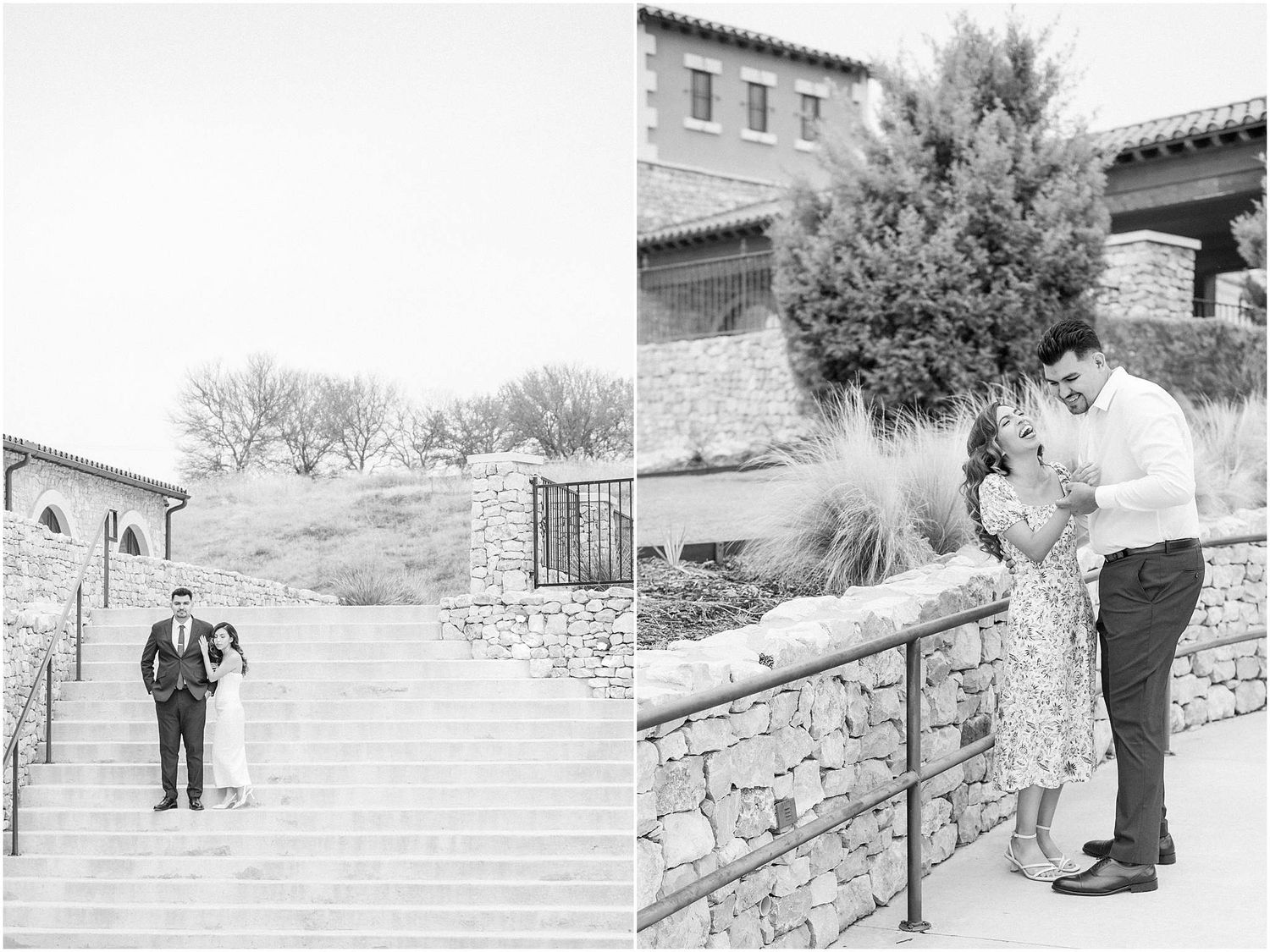 Couple walking and posing together along stone steps and pathways in an outdoor garden setting.