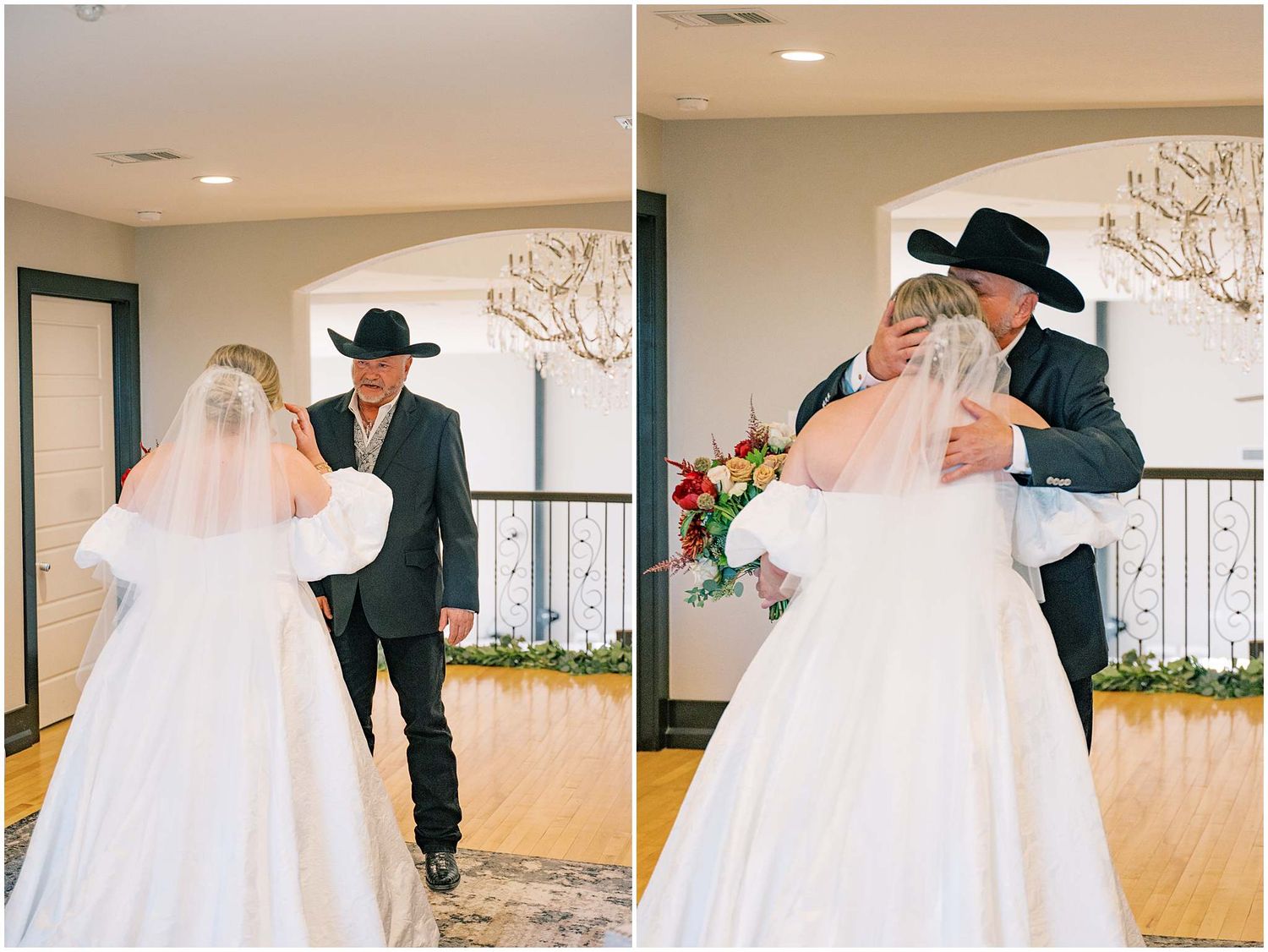 A romantic first look sequence between newlyweds in a spacious venue with chandelier lighting.
