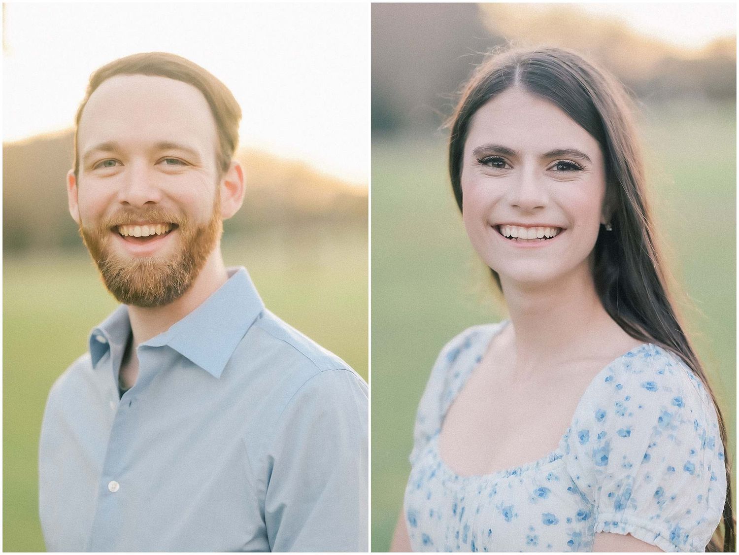 A series of warm sunset portraits showing a couple in casual attire outdoors.