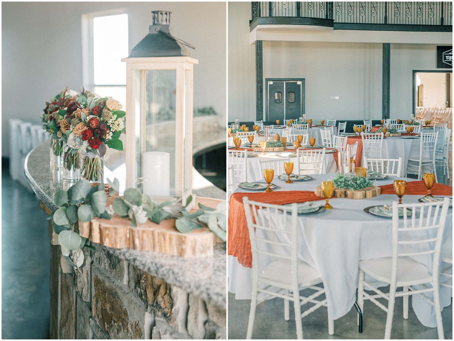 Wedding reception table settings with white and coral decor featuring lanterns, floral arrangements and elegant place settings.