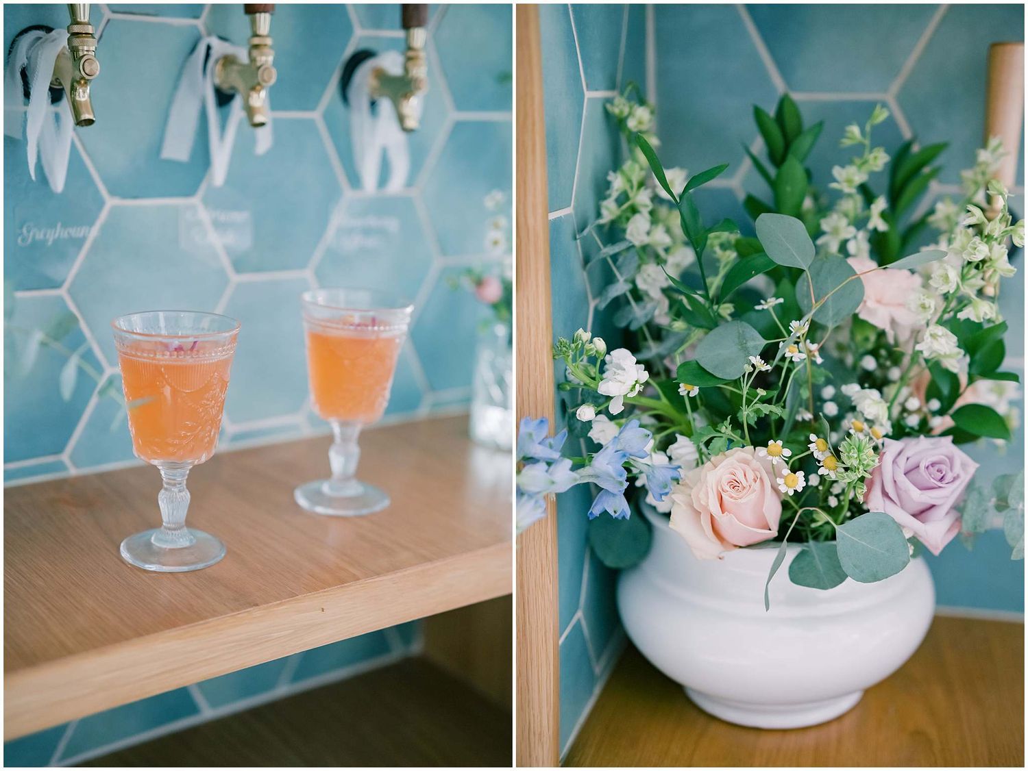 Wedding reception details featuring floral arrangements and cocktails in elegant glassware.