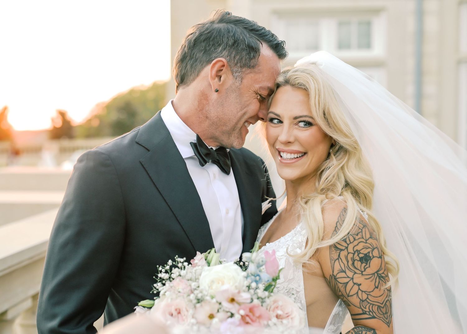 Elegant wedding couple shares romantic moments in a series of soft, pastel-toned photographs.