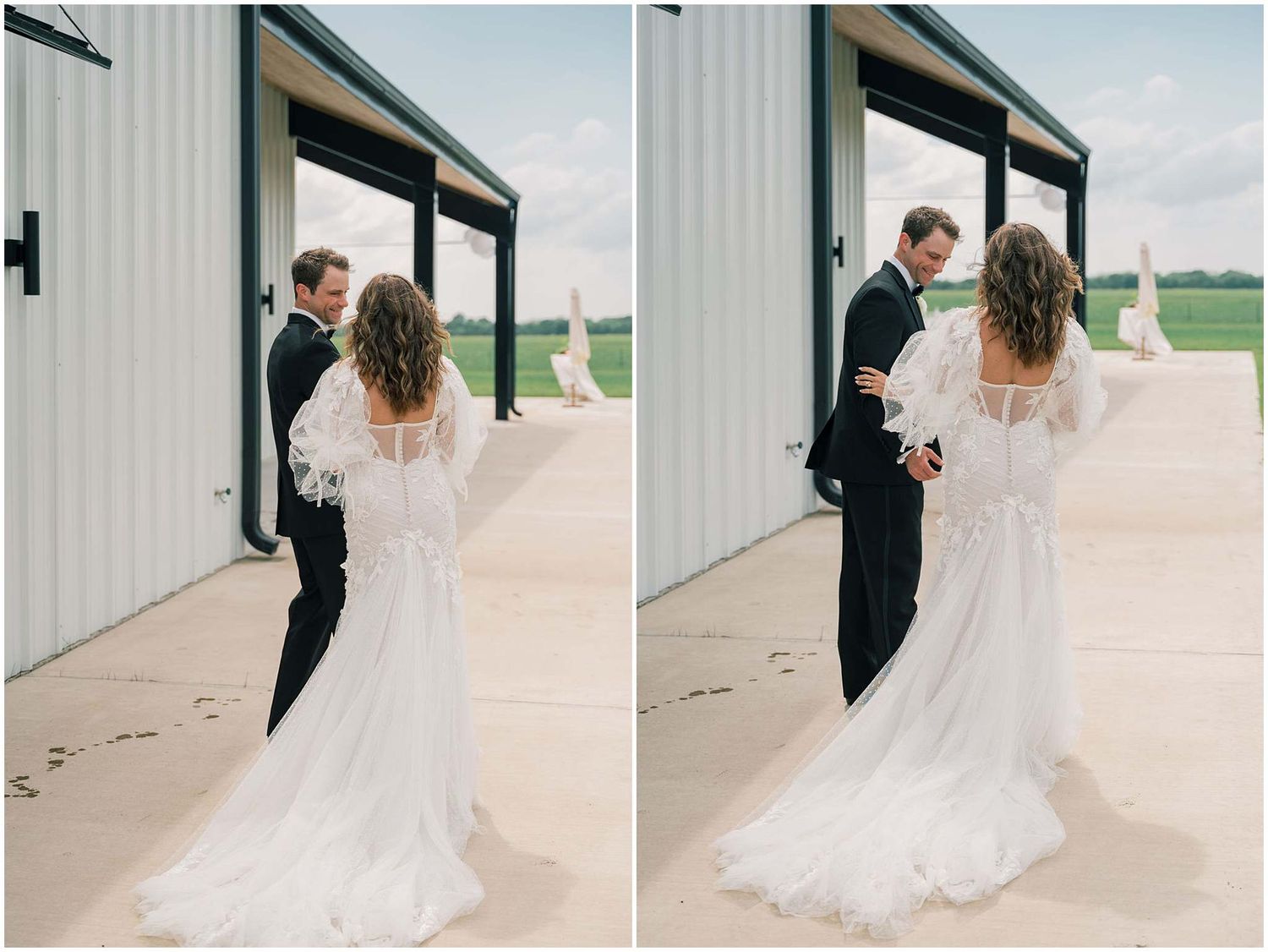 Wedding couple shares candid moments outside a modern venue with flowing white dress details.