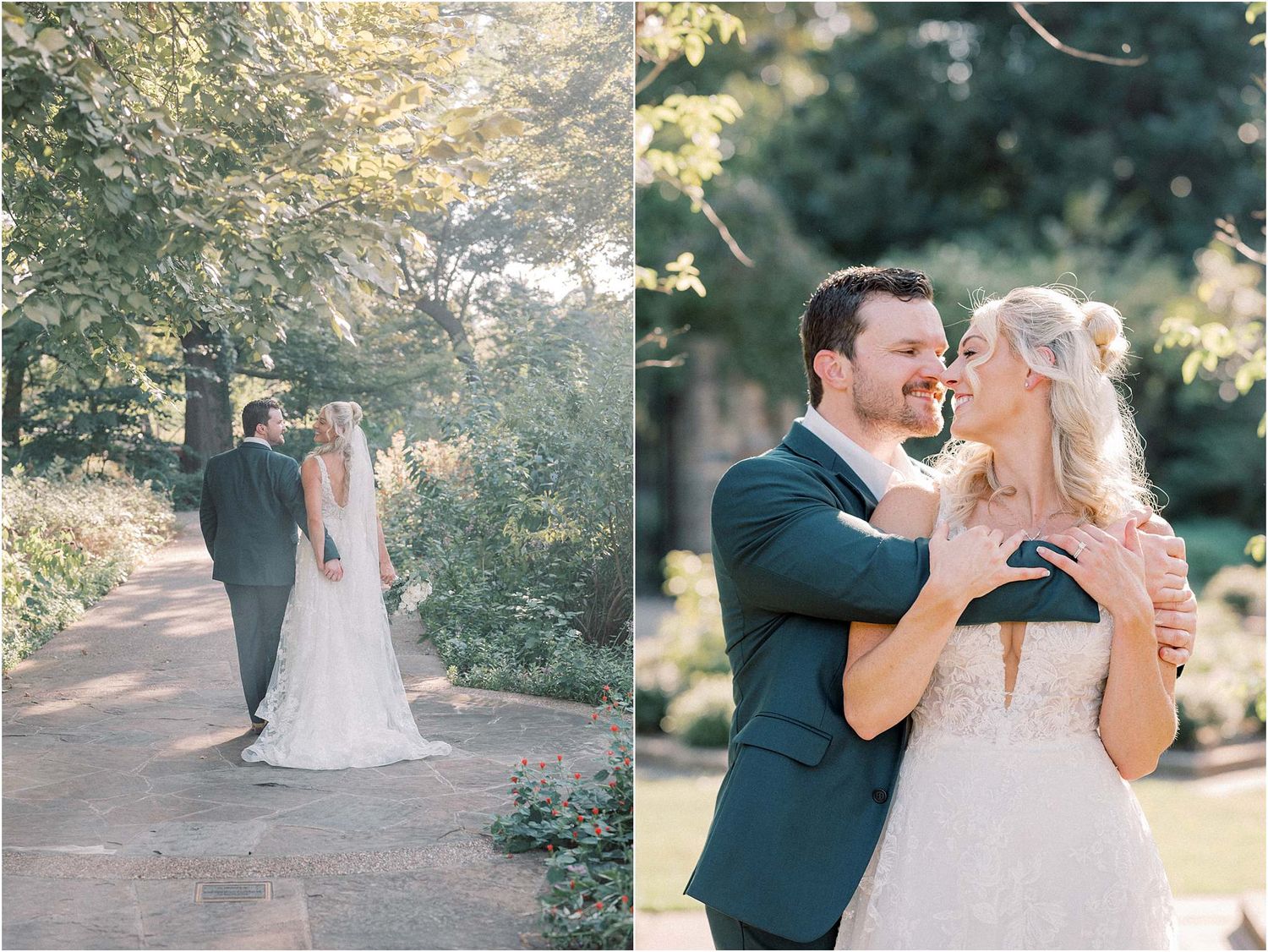 Romantic garden wedding portraits capture intimate moments between newlyweds.