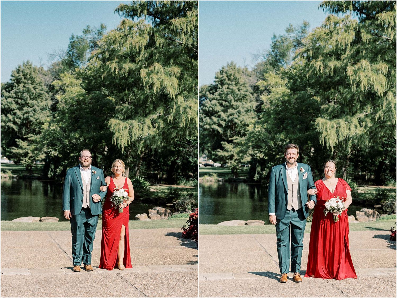 Wedding party members posing for photographs in a garden with trees and a pond backdrop.