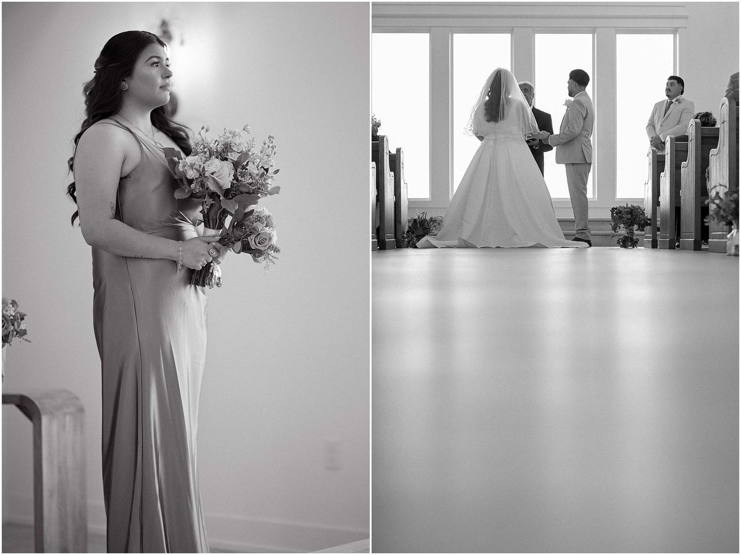 Wedding party members in light colored dresses stand in a bright indoor venue.