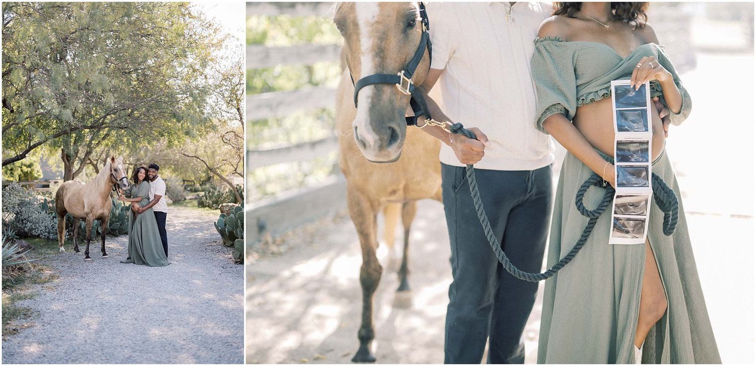 A romantic outdoor photoshoot featuring a couple and their horse companion.