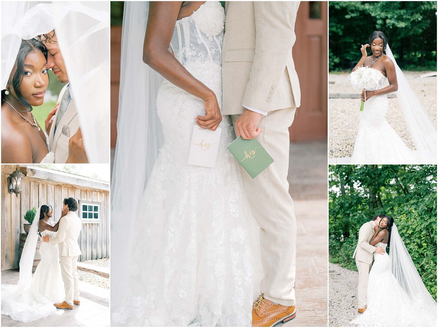 Elegant wedding couple in white lace gown and tan suit exchange vows outdoors, with bridal veil and romantic poses.