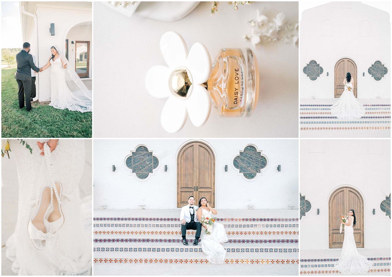 Wedding detail shots featuring decorative elements and table settings in soft neutral tones.