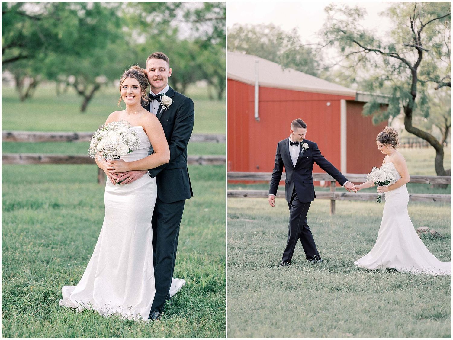 Wedding party poses for photos on grassy field with red barn in background.