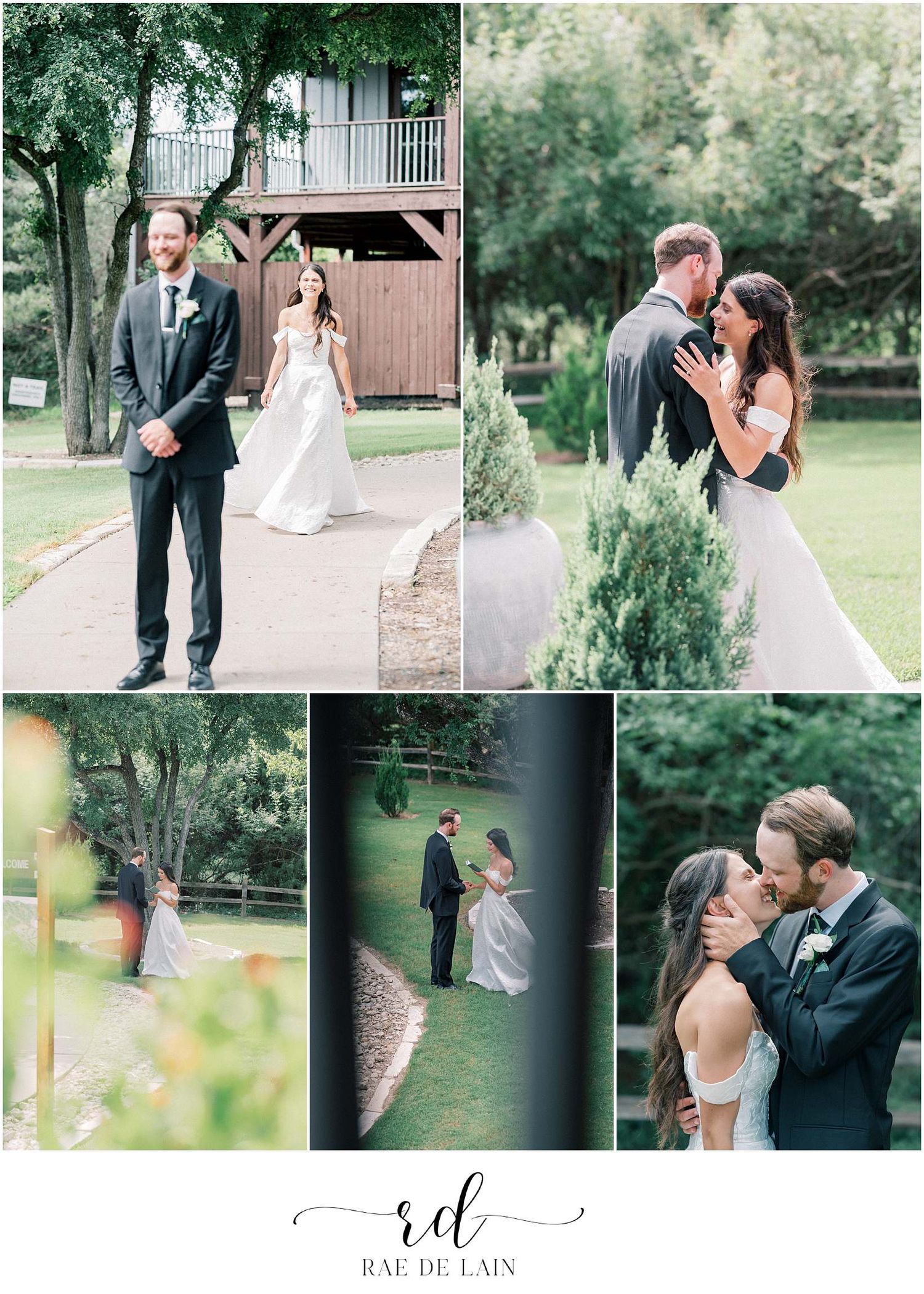 Outdoor wedding portraits captured in a garden setting with natural greenery and rustic architecture.