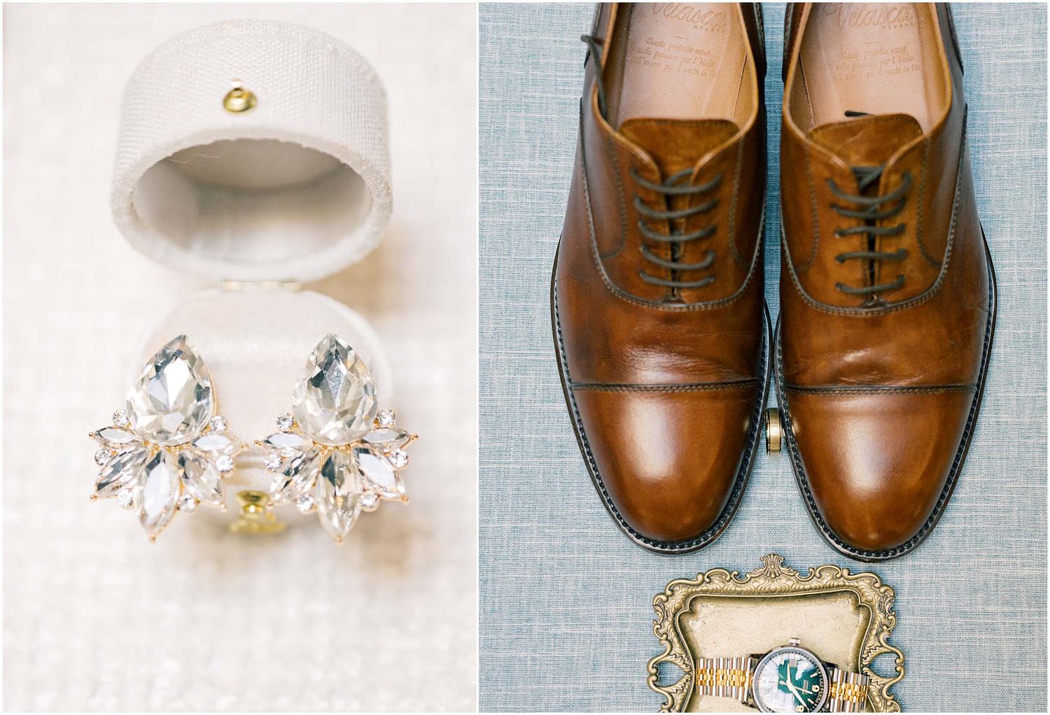Wedding accessories including brown leather dress shoes and delicate floral hairpiece on light background.