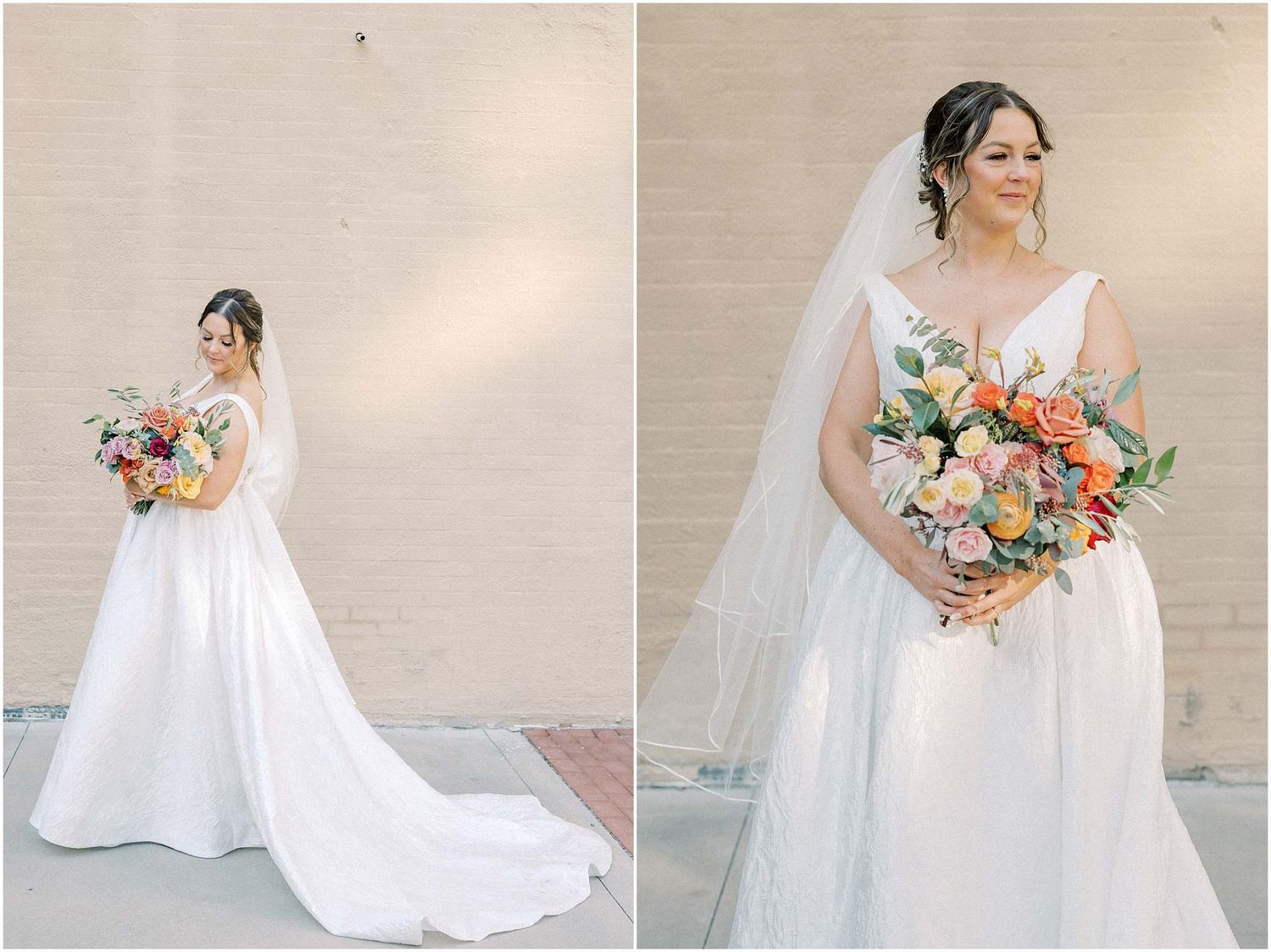 Classic bridal portraits showing full-length white wedding gown with flowing train and veil.