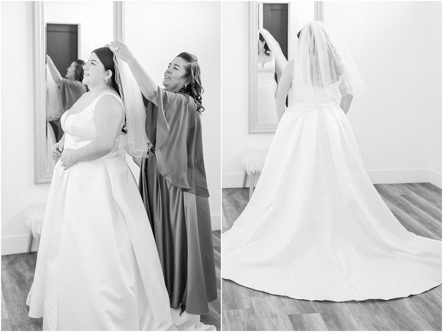 Wedding preparation scene with flowing white gown and attendants in elegant setting.