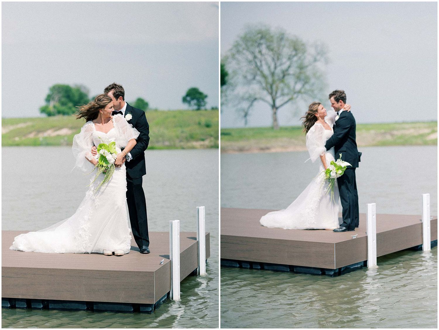 Wedding couple sits together on wooden dock overlooking serene lake.