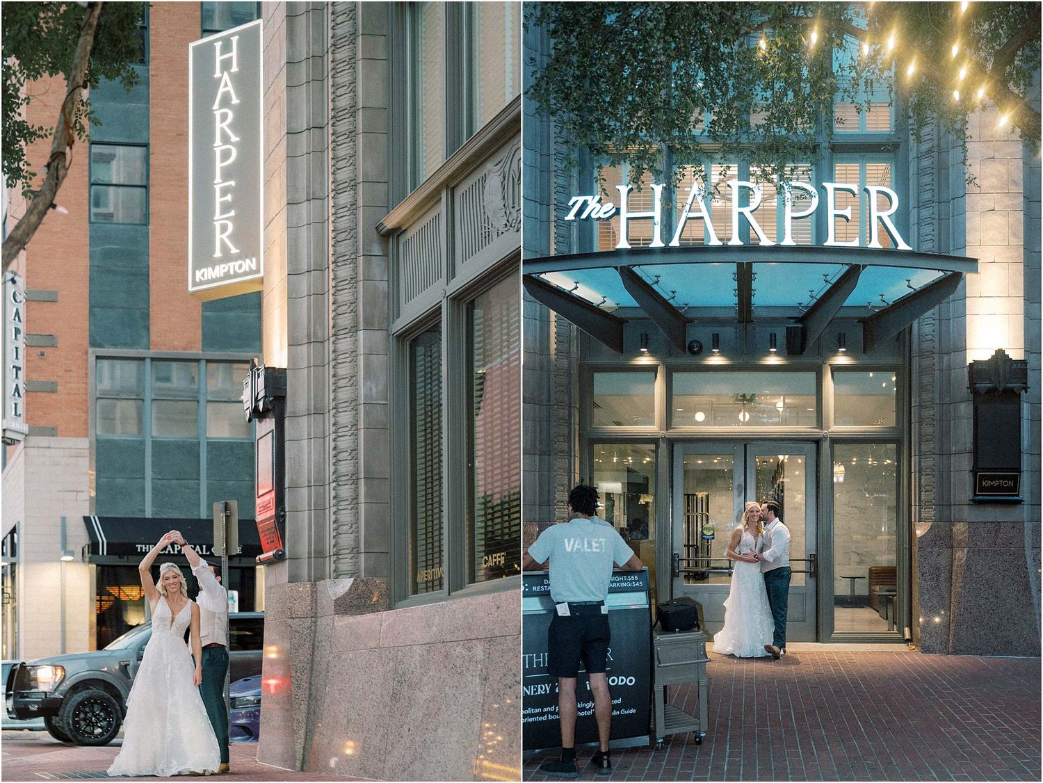 Modern building exterior with Harper signage and wedding party.