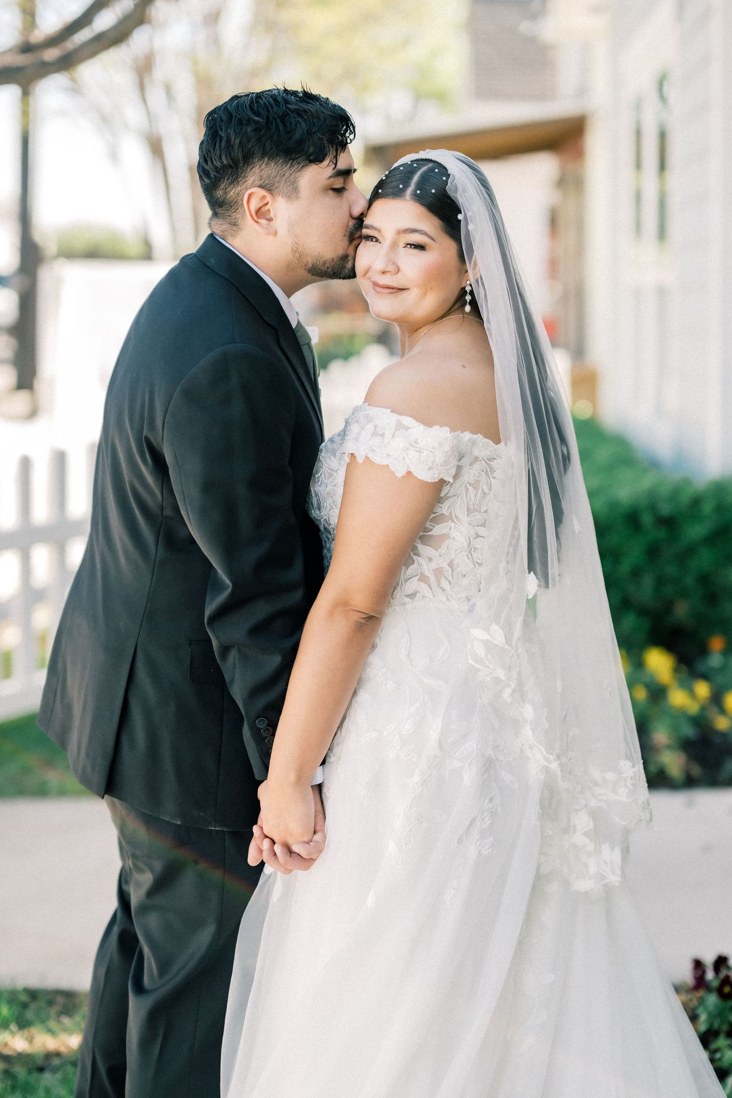 A romantic wedding couple shares intimate moments in a series of three outdoor portraits with elegant attire.