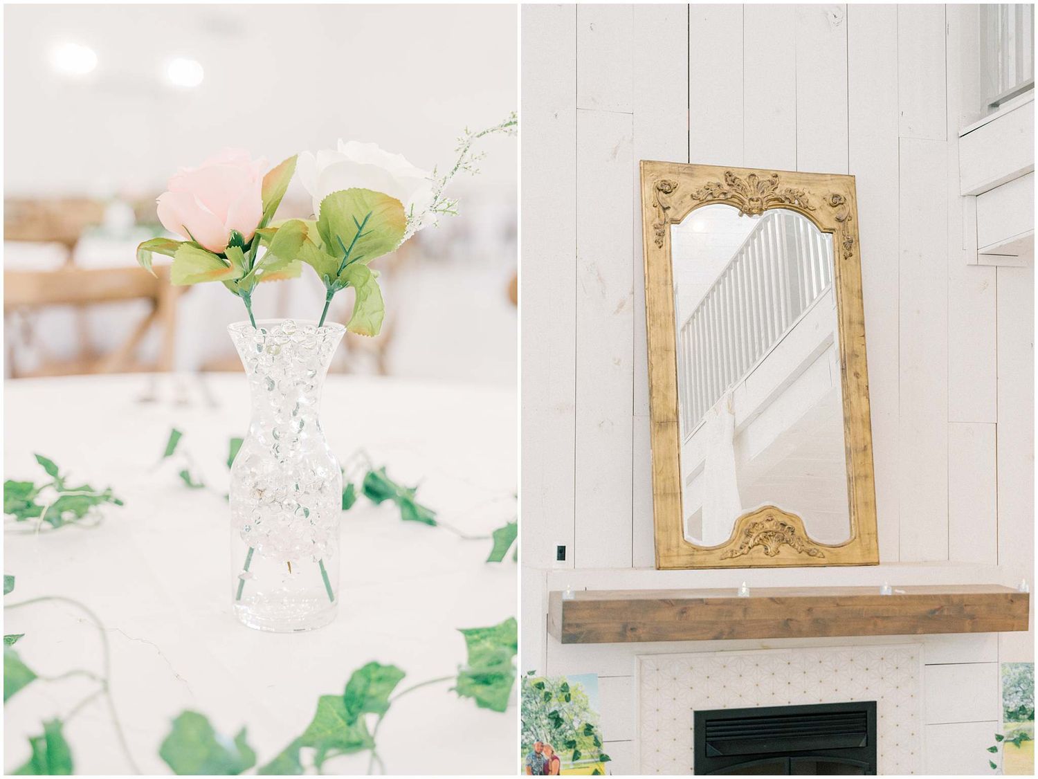 A bright and airy white farmhouse interior with rustic wood accents and elegant gold-framed mirrors on the walls.