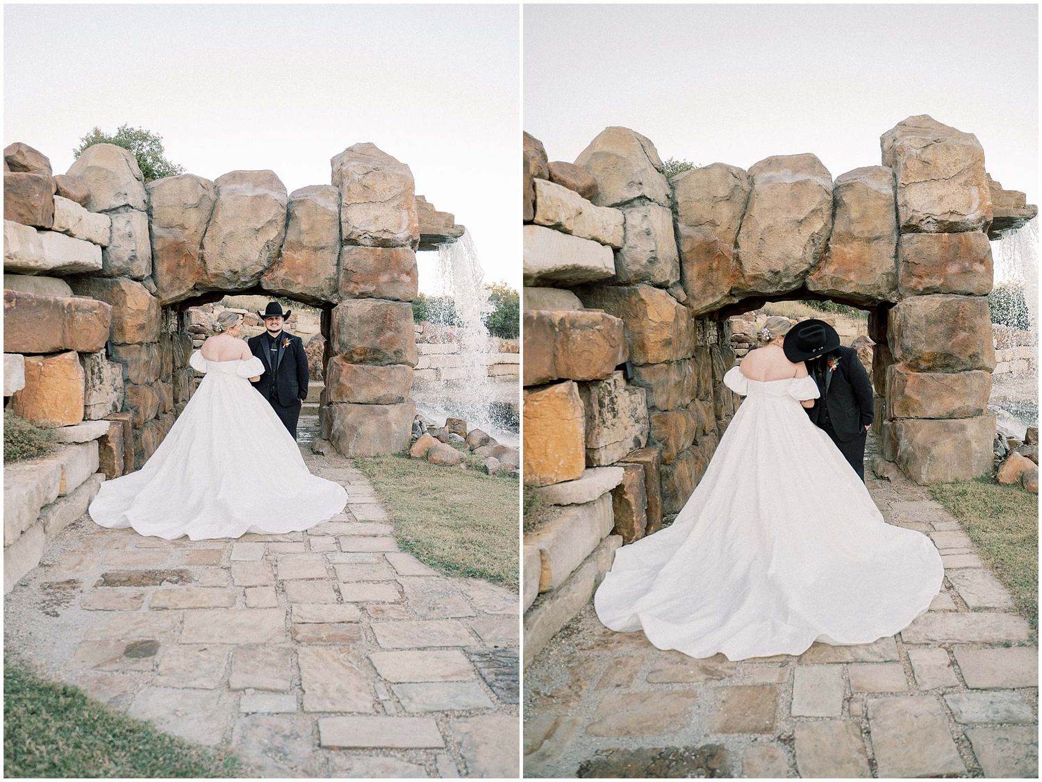 A flowing white wedding dress creates dramatic portraits against rocky outdoor backdrop.