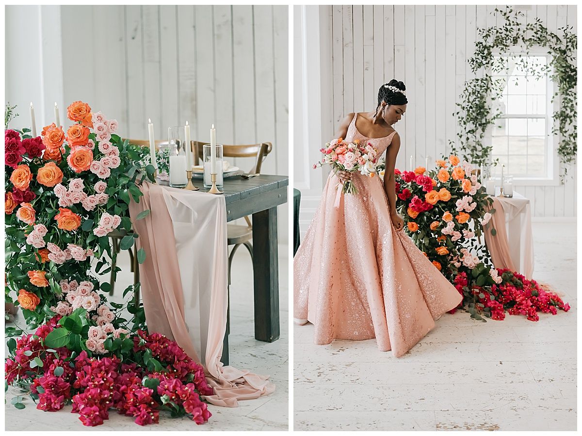 Elegant wedding setup with peach and coral floral arrangements adorning a white barn venue.