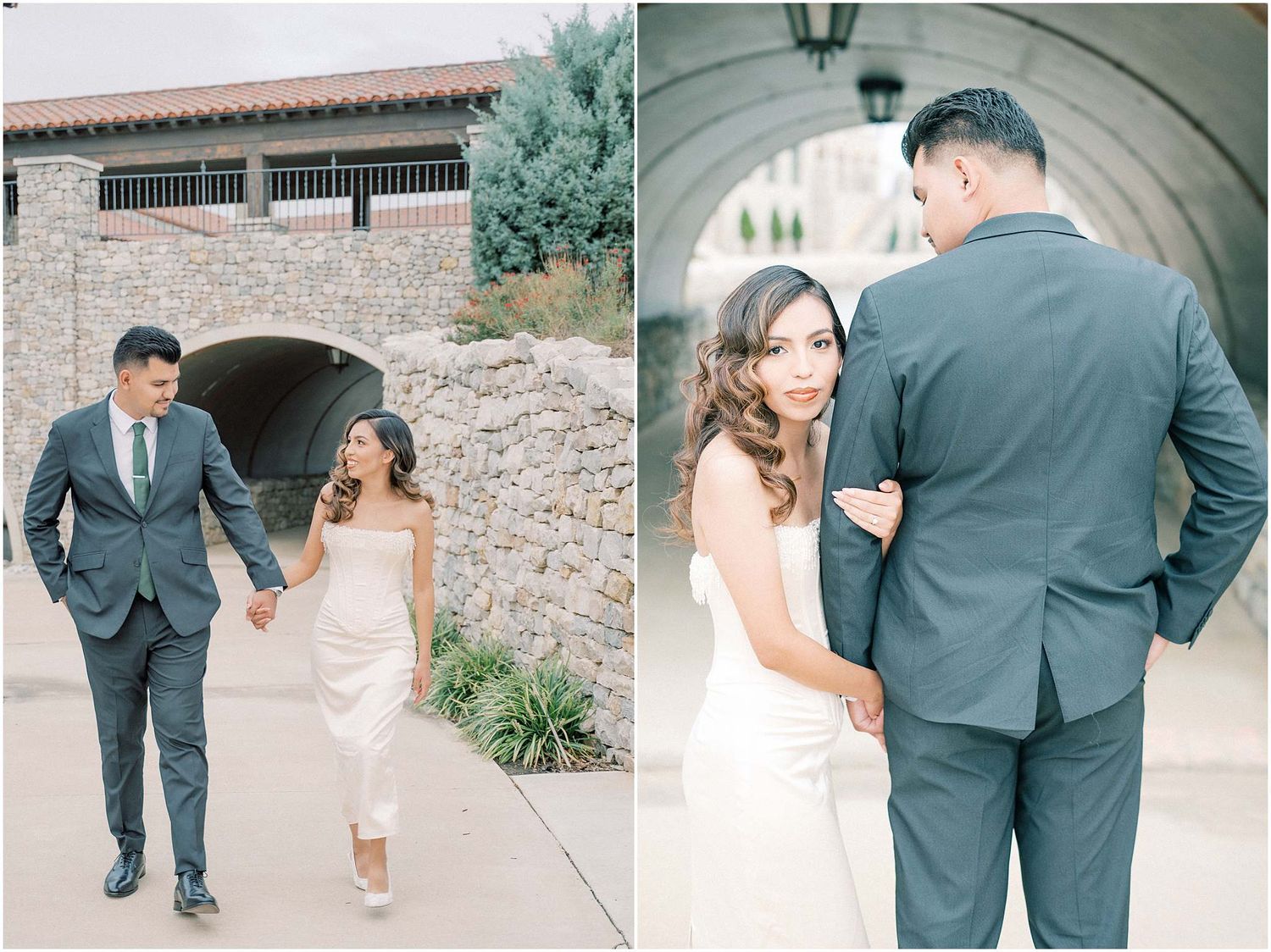 A series of romantic wedding photos showing a couple walking and embracing against a rustic brick wall backdrop.