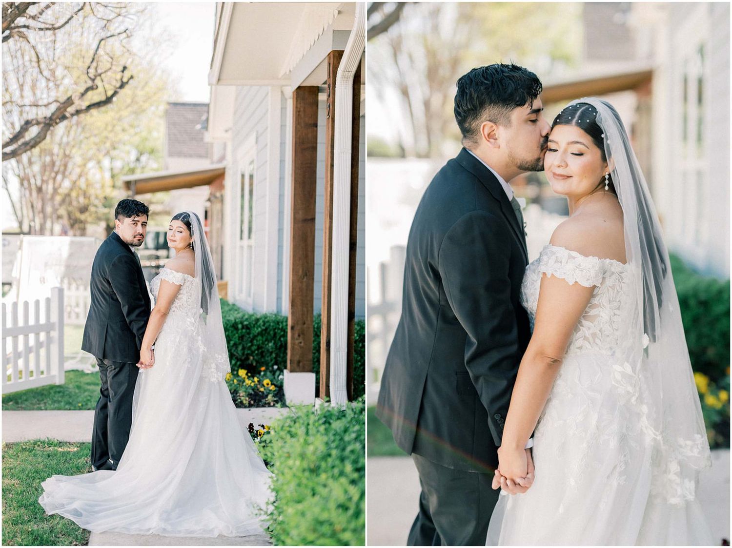 Wedding couple portraits taken in a garden setting with classic black and white attire.