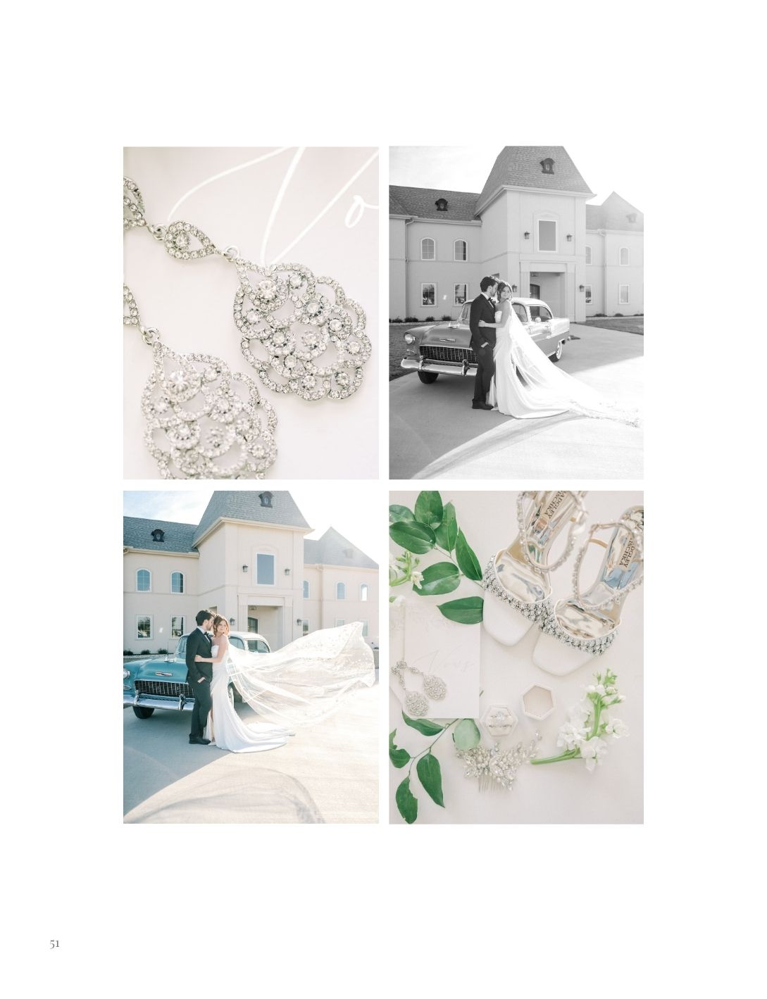 Elegant bridal collage featuring diamond earrings, a couple by a chateau, a flowing veil, and jeweled wedding shoes.