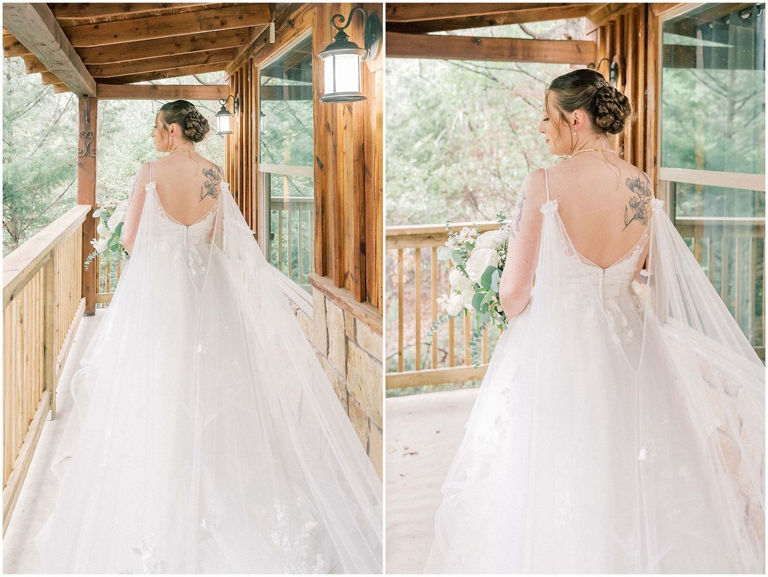 A flowing white wedding dress with a long train is photographed in sequence across a rustic wooden porch setting.