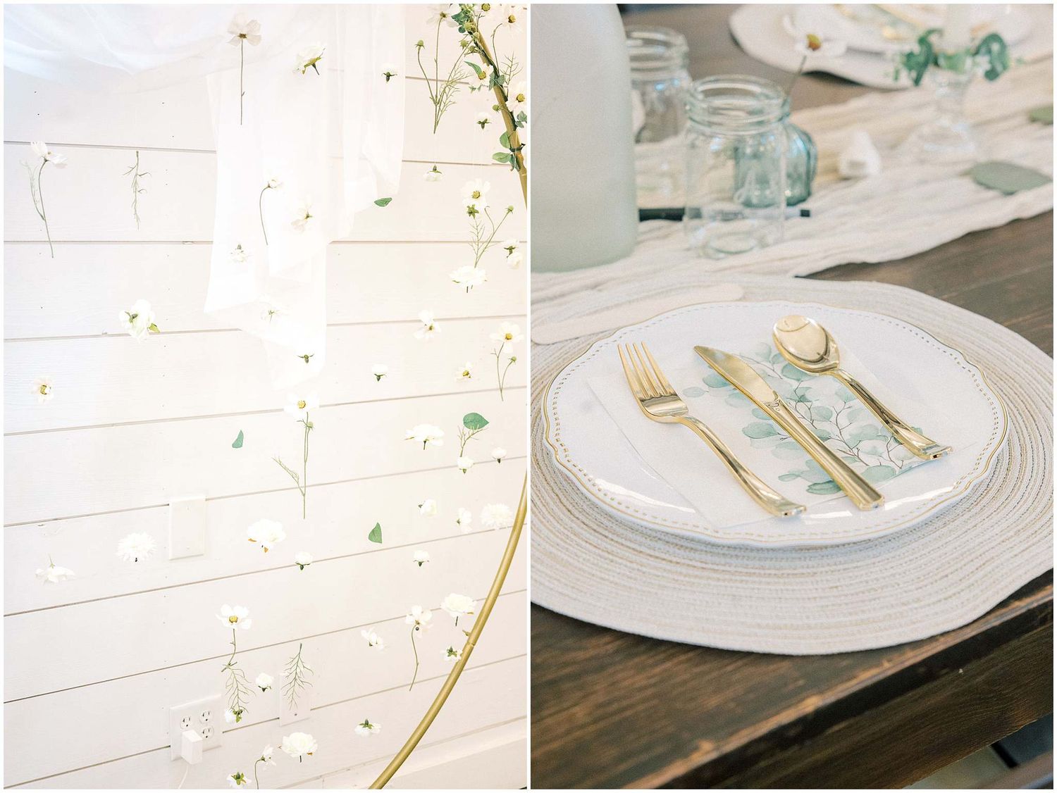 White place settings with gold flatware and delicate greenery accents on a rustic wooden table.