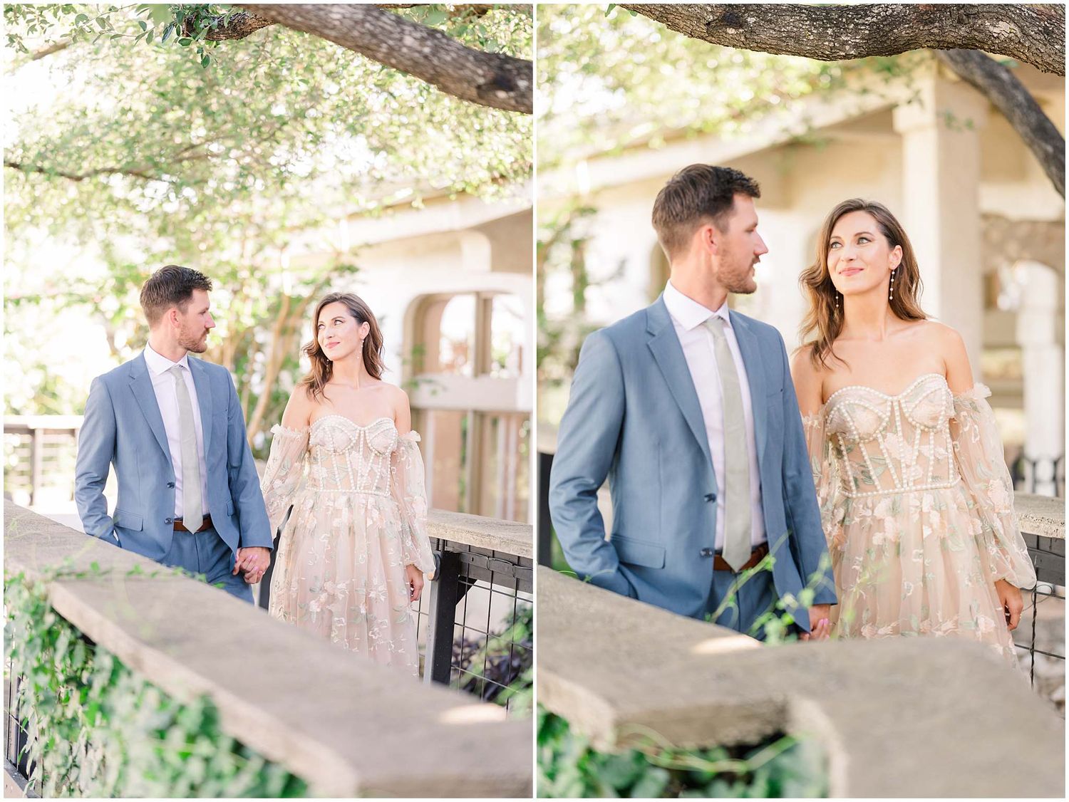 Romantic outdoor photo session with couple in formal wear under stone architecture.
