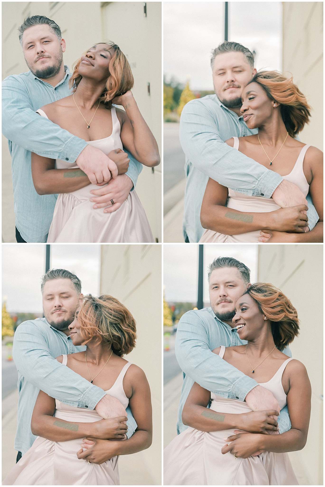 A couple in coordinating mint and blush outfits share intimate embraces and tender moments during a romantic photoshoot.