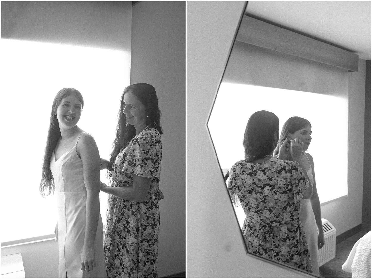 Two people in silhouette stand in conversation against a bright window background in a series of candid frames.