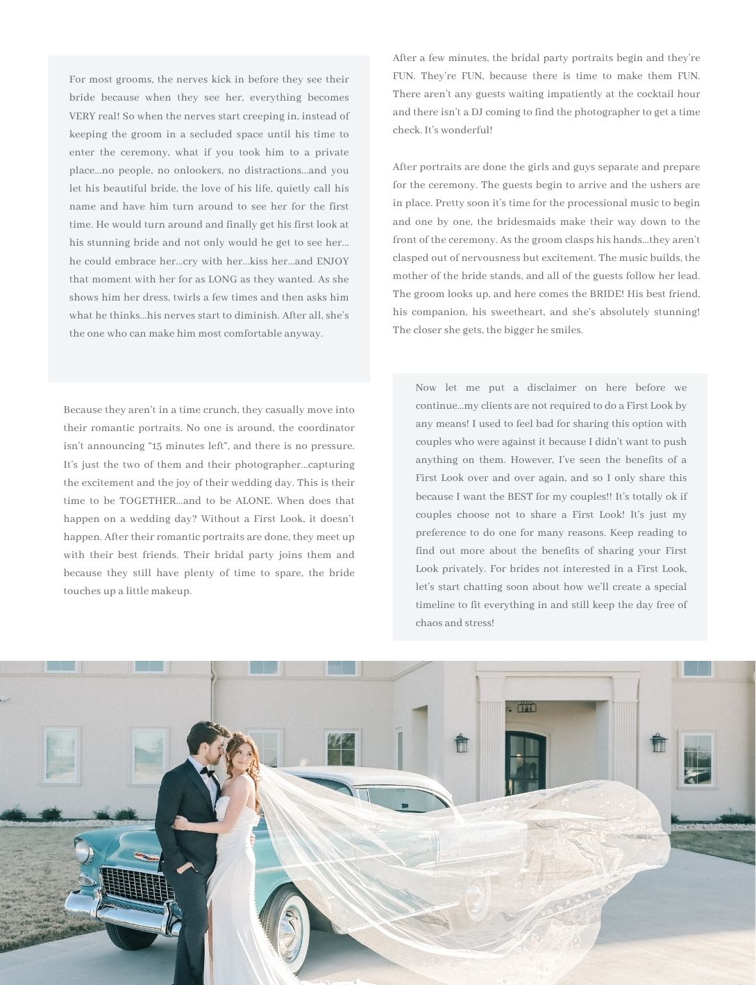 Bride and groom share a romantic first look moment beside a classic white car on their wedding day.