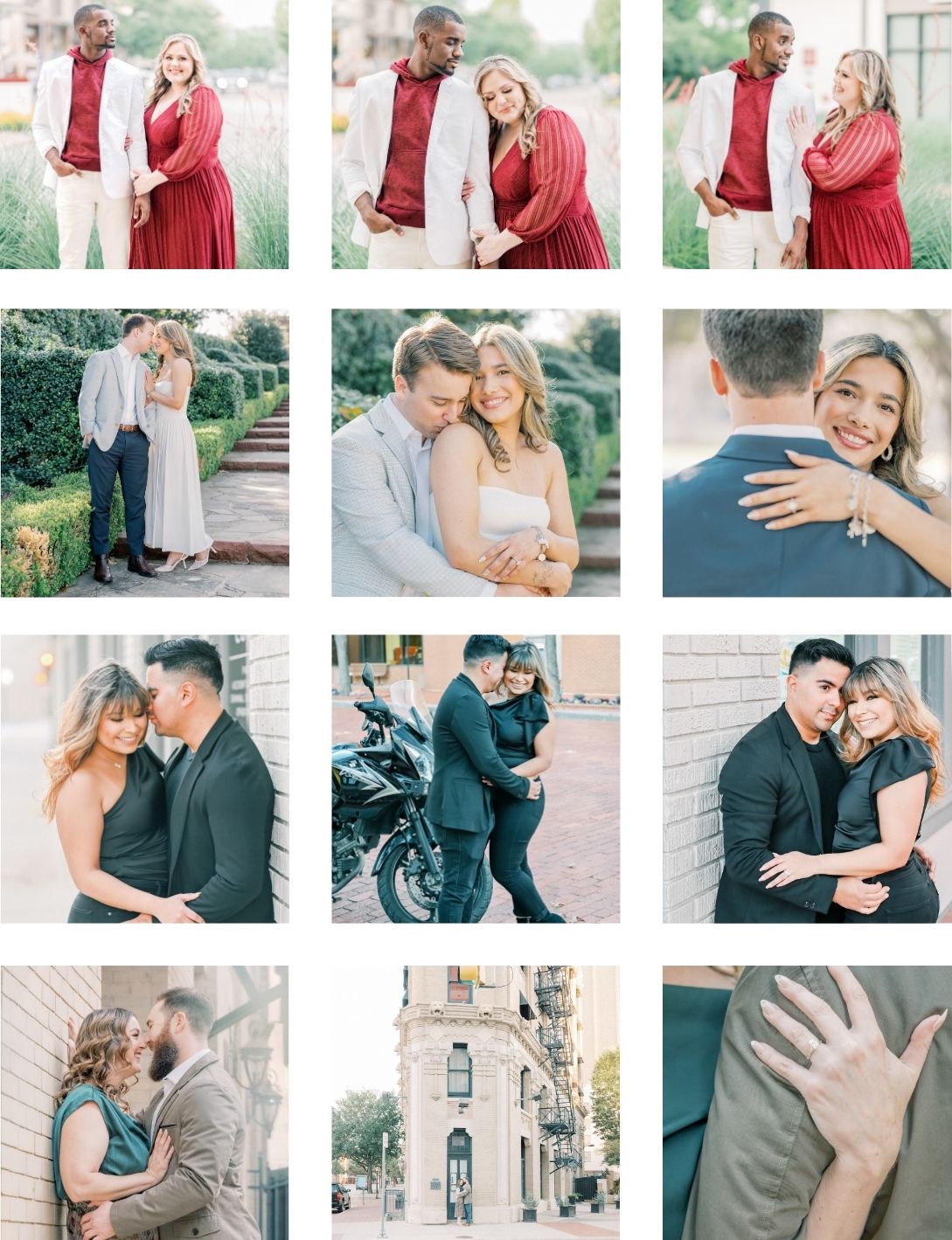 A collage of romantic couples posing together in elegant outfits at outdoor urban locations, showcasing engagement photography sessions.