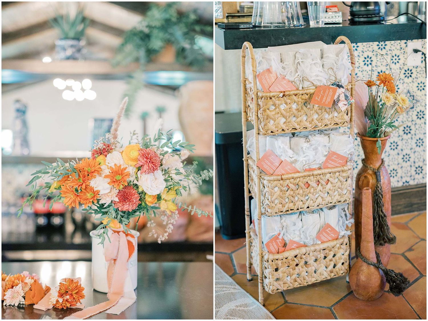 Vintage-inspired wedding decor featuring lace details and coral flower arrangements.