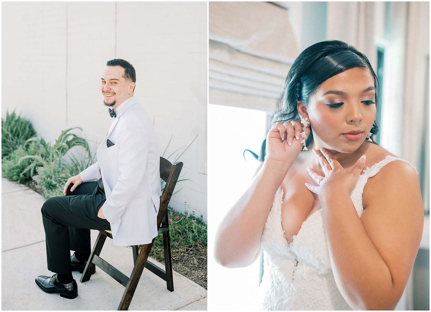 Wedding day preparation moments in classic formal attire.