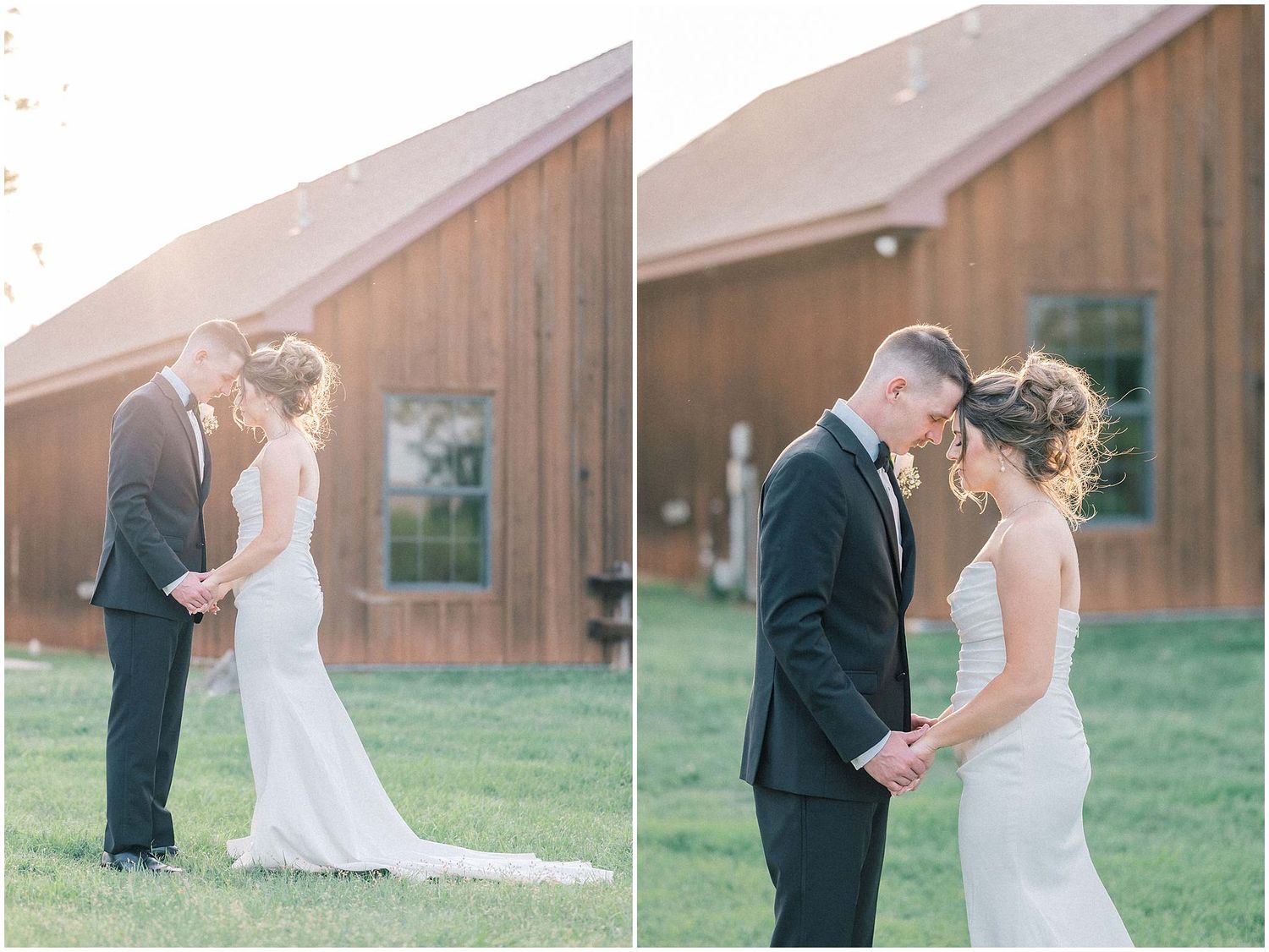 Couples pose for romantic wedding photos against wooden barn backdrop in natural setting.
