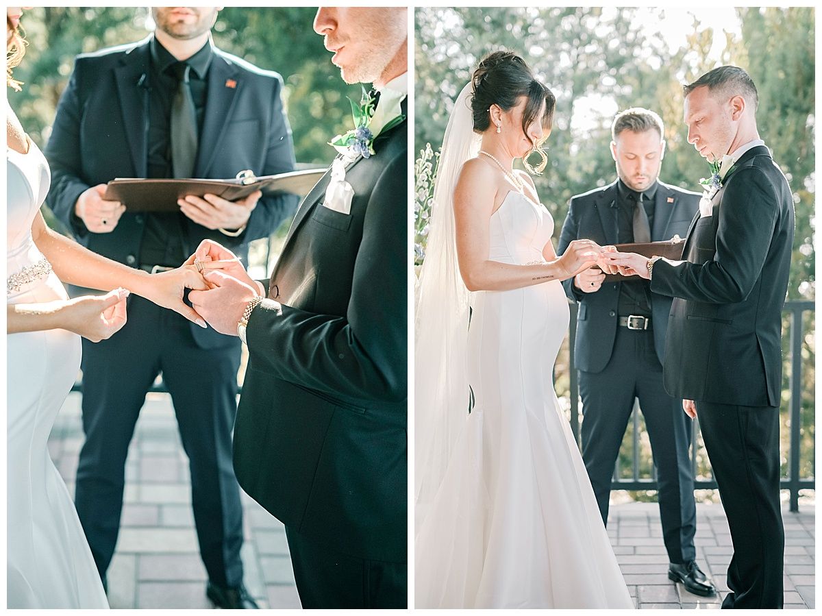 Wedding ceremony close-up shots showing exchange of rings during the vows.