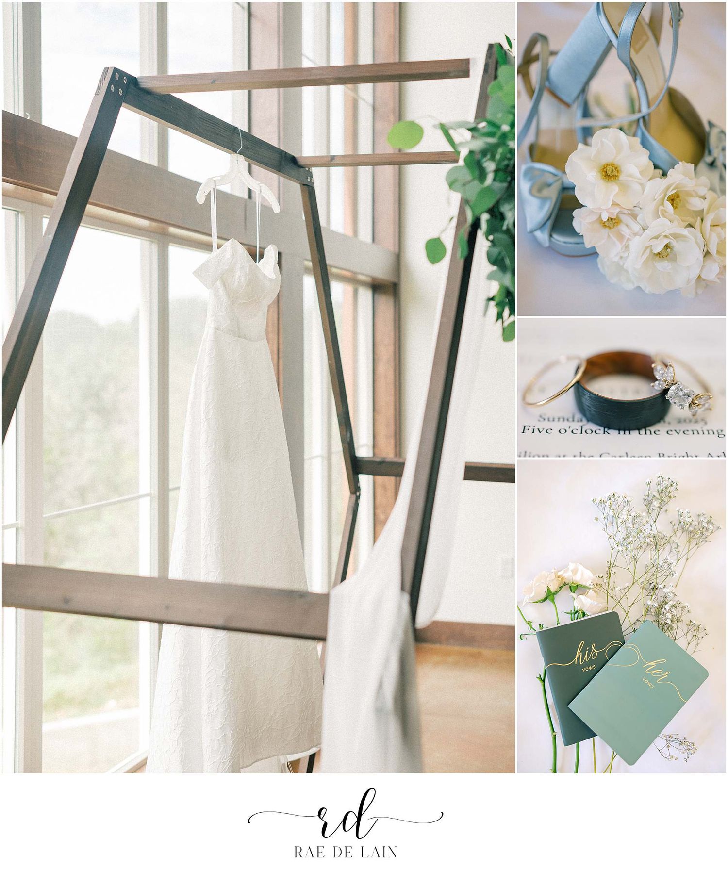 Wedding stationery and decor elements styled by a bright window with white floral accents.