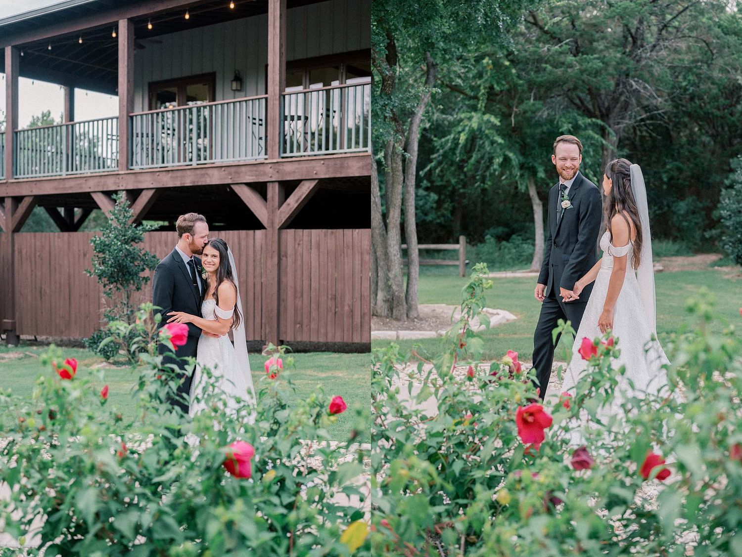 A romantic outdoor wedding photoshoot in a garden with red flowers and a rustic wooden pavilion.
