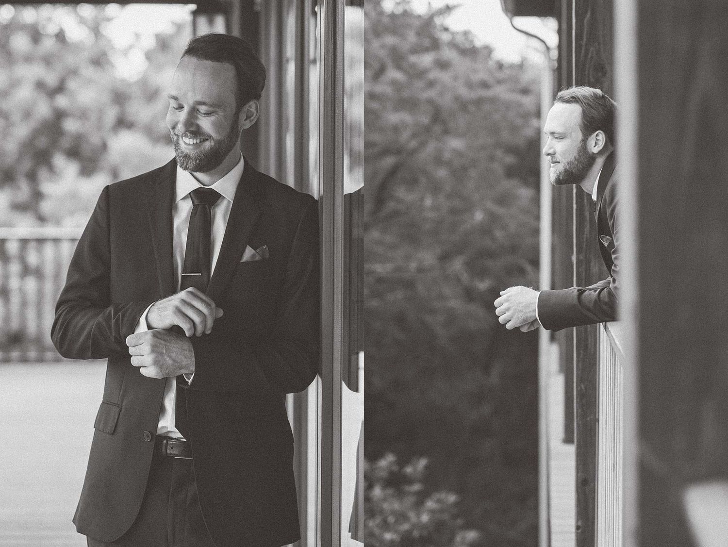 Black and white photos of groom on covered porch in formal attire.