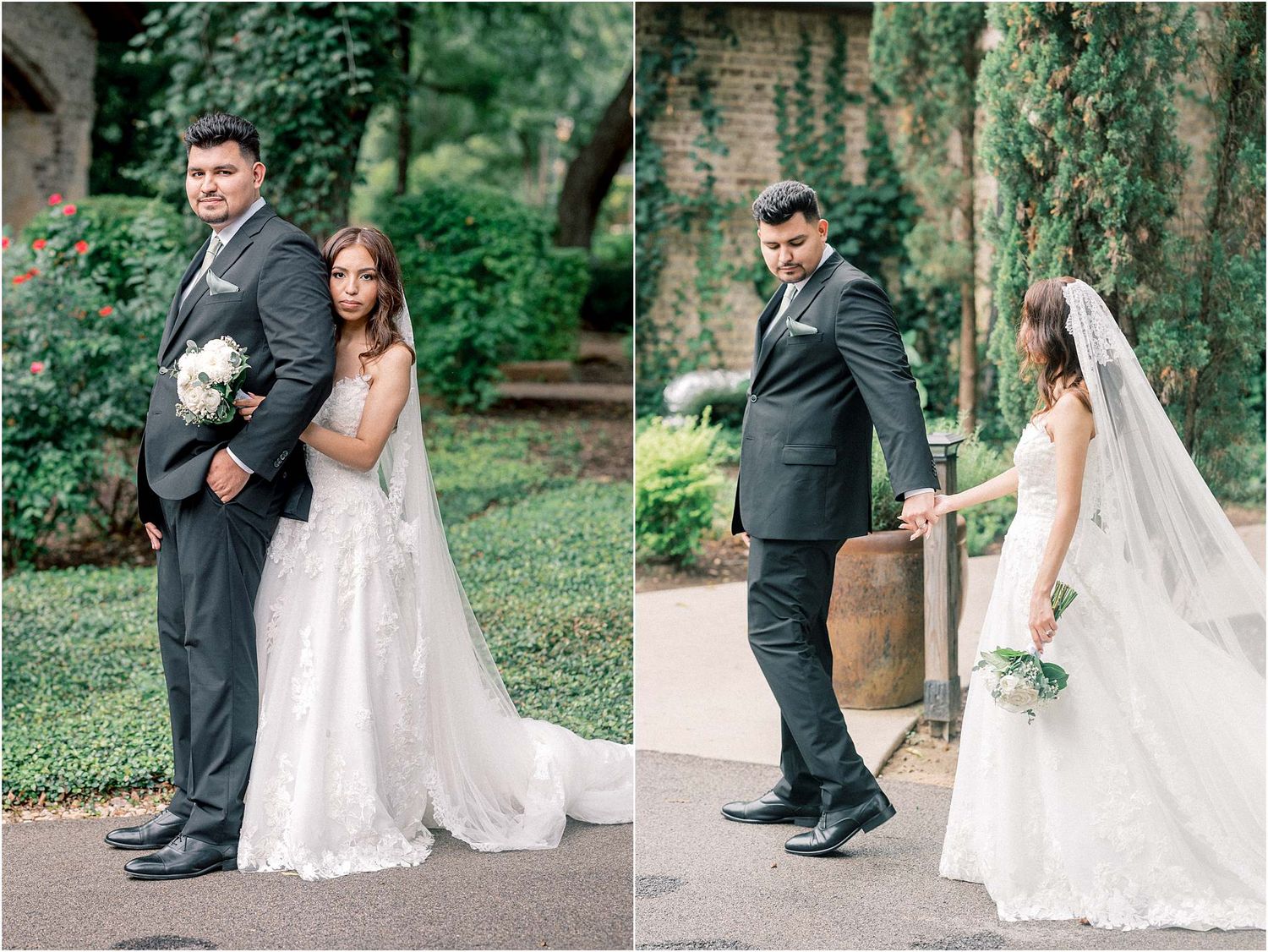 A series of candid wedding photos capturing moments between newlyweds in a garden setting.