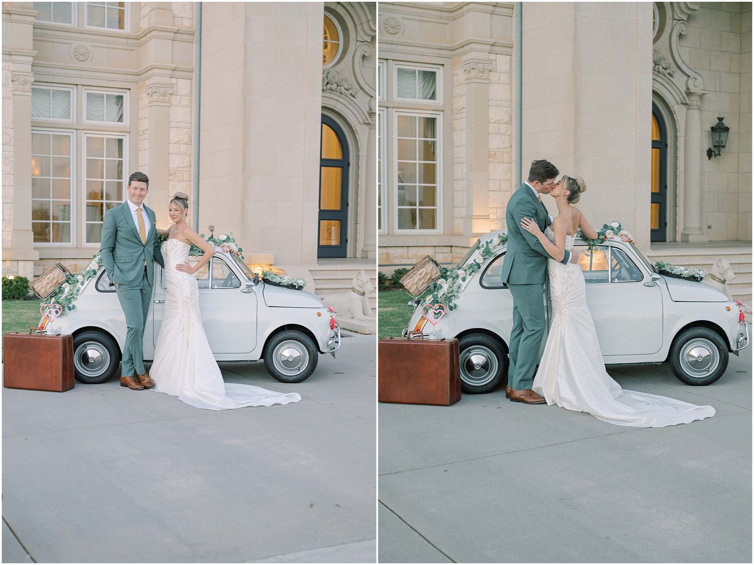 Wedding couple poses playfully with a vintage scooter outside a classic stone building.