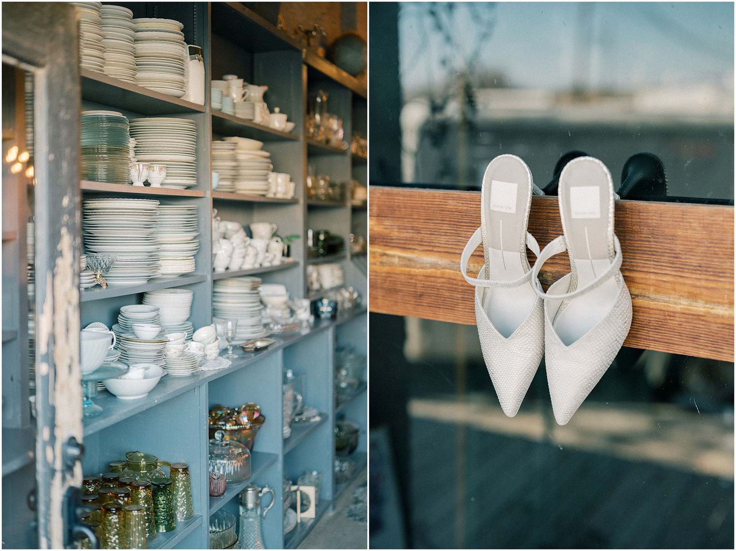 Display of elegant white shoes and accessories arranged on wooden shelving.