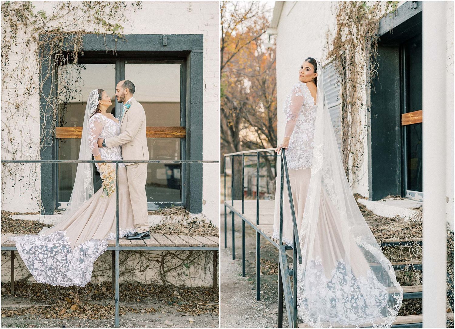Elegant wedding photography series featuring bride in lace dress against vintage architectural backdrop.