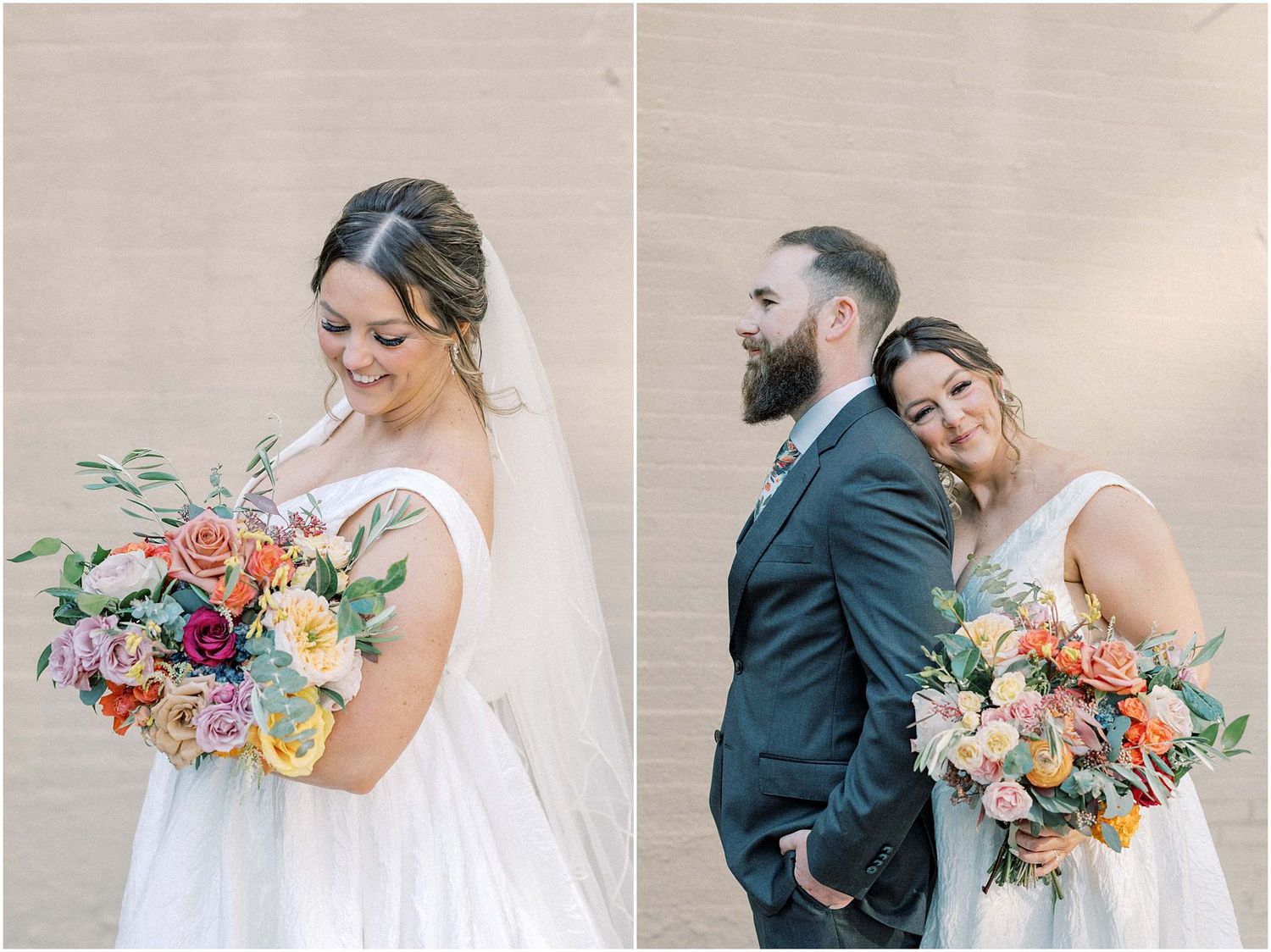 Romantic wedding portraits featuring colorful bouquet with peach and coral flowers.