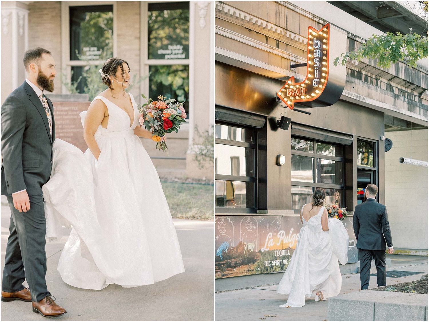 Wedding couple walking past city storefronts and businesses.
