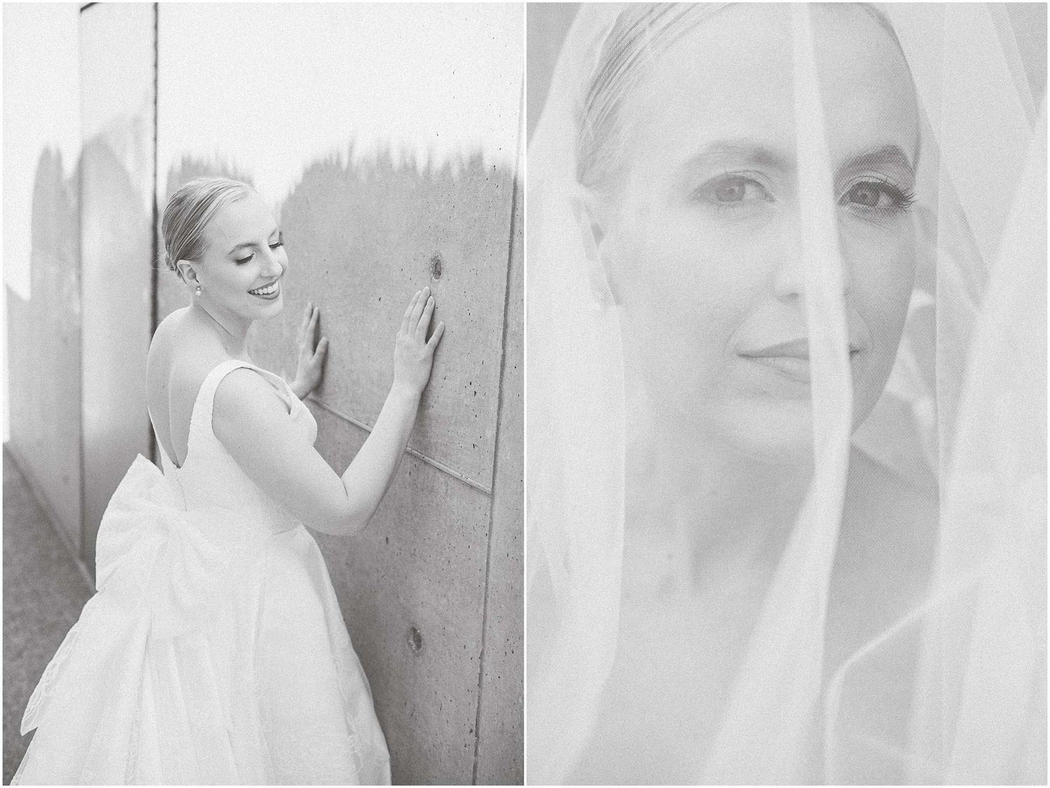 Black and white bridal portraits showing artistic poses and veil details.