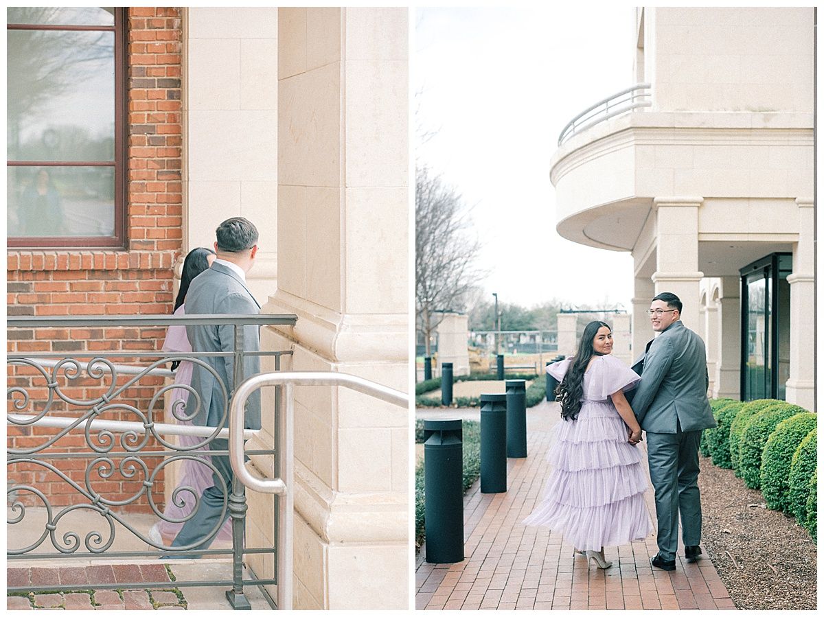 A series of romantic poses captured on an outdoor terrace with brick walls.