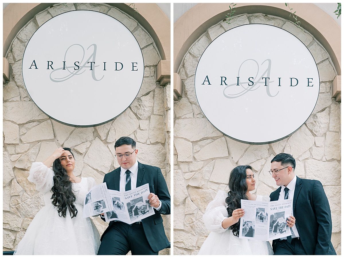 A photo series showing a couple posing near a stone wall with Aristide signage.